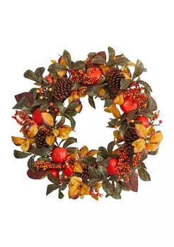 NEARLY NATURAL, NEARLY NATURAL | 26 Inch Autumn Persimmon and Pinecones Artificial Fall Wreath商品图片 