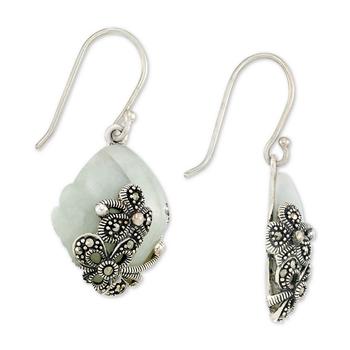 商品Jade (15 x 20 x 4mm) & Marcasite Flower Drop Earrings in Sterling Silver图片