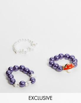 推荐Reclaimed Vintage inspired stretch ring pack with mushroom pendant in 90's beads商品