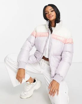 推荐Fila colour block puffer jacket in lilac and pink商品