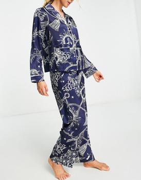 ASOS | ASOS DESIGN satin celestial baroque shirt & trouser pyjama set in navy & cream商品图片,