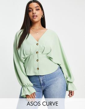 商品ASOS | ASOS DESIGN Curve button front long sleeve tea blouse with pleat detail in pistcahio green,商家ASOS,价格¥262图片