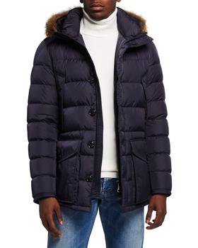 moncler羽绒服, Moncler | Men's Cluny Quilted Puffer Jacket w/ Fur Trim商品图片 