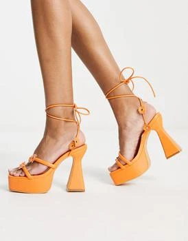 Daisy Street | Daisy Street flower platform heeled sandals in orange 3.0折