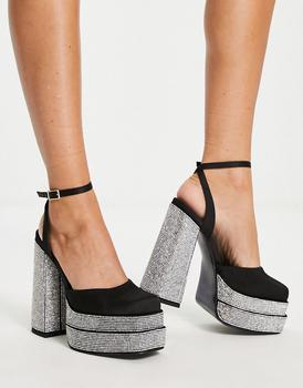 ASOS DESIGN Pluto embellished platform heeled shoes in black,价格$56.07