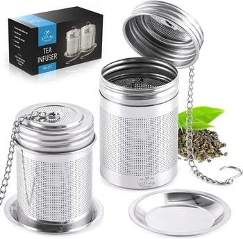 Stainless Steel Tea Ball Infusers For Loose Tea With Chain Hook & Saucer (2-Pack)