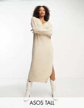 ASOS | ASOS DESIGN Tall knitted maxi jumper dress with v neck in oatmeal 7折
