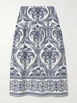 Farm Rio | Tripical Cameo 平行绉缝印花亚麻中长半身裙,商家NET-A-PORTER,价格¥1606