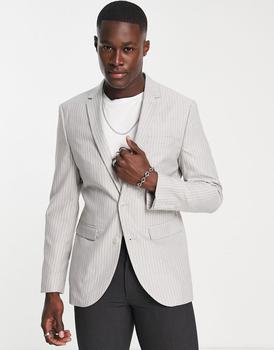 推荐Topman grey suit jacket in white stripe商品