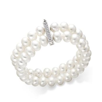 Belle de Mer | Cultured Freshwater Pearl (8-1/2 mm) and Cubic Zirconia Two-Row Bracelet in Sterling Silver商品图片,5折×额外8折, 额外八折