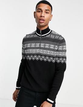 商品ASOS DESIGN knitted christmas half zip jumper with yoke fairilse in black图片