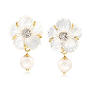 Ross-Simons | Ross-Simons Italian Mother-Of-Pearl and 12mm Cultured Pearl Flower Drop Earrings With Czs in 18kt Gold Over Sterling商品图片,6.6折