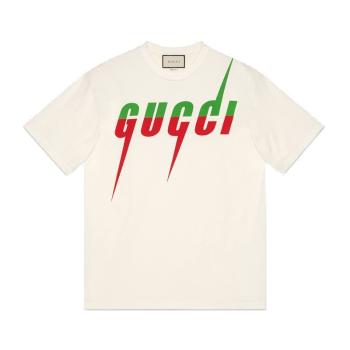 Gucci | 【预售3-7天】GUCCI/古驰  男士白色纯棉拼色字母锋刃印花短袖T恤 565806 XJAZY 9037商品图片,8折×额外9.3折, 包邮包税, 额外九三折