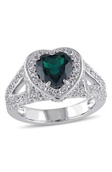 商品DELMAR | Sterling Silver Created Emerald & Created White Sapphire Heart Halo Ring,商家Nordstrom Rack,价格¥1109图片