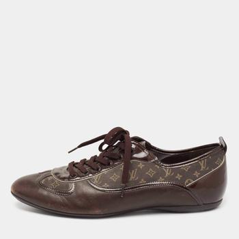 lv低帮鞋, [二手商品] Louis Vuitton | Louis Vuitton Brown Leather And Mini Lin Canvas Low Top Sneakers Size 41商品图片 满1件减$100, 满减
