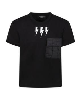 Neil Barrett | Black T-shirt For Boy With Thnderbolts商品图片,