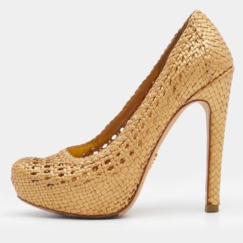 [二手商品] Prada | Prada Metallic Gold Woven Leather Madras Platform Pumps Size 36商品图片,满1件减$100, 满减