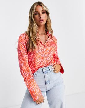 Topshop | Topshop slim satin zebra print shirt in pink商品图片,