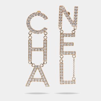 [二手商品] Chanel | Chanel Pale Gold Tone Crystal Studded Logo Drop Earrings商品图片,满$1200减$150, 满减