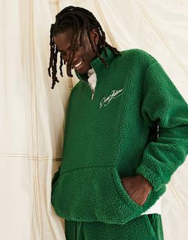 推荐ASOS Dark Future co-ord oversized quarter zip sweatshirt in teddy borg with logo embroidery in dark green商品
