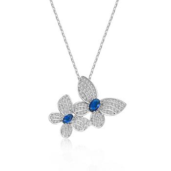 商品Sterling Silver White Gold Plated Blue Sapphire & Diamond Cubic Zirconia Double Fluttering Butterfly Pendant Necklace图片