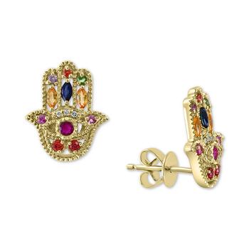 商品Effy | EFFY® Multi-Sapphire (1/2 ct. t.w.) & Diamond Accent Hamsa Hand Stud Earrings in 14k Gold,商家Macy's,价格¥4924图片