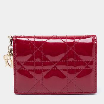 [二手商品] Dior | Dior Maroon Cannage Patent Leather Lady Dior Card Holder商品图片,