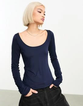 Weekday | Weekday Tea fine jersey long sleeve top with scoop neck in navy blue,商家ASOS,价格¥184