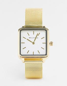 推荐Bellfield stainless steel mesh watch with square dial in gold商品