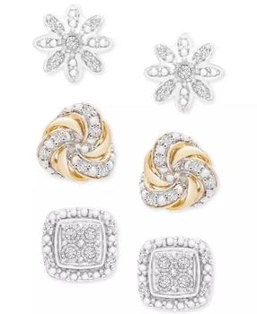 Macy's | 3-Pc. Diamond Stud Earrings Set (1/4 ct. t.w.) in Sterling Silver & 14k Gold-Plate,商家Macy's,价格¥527