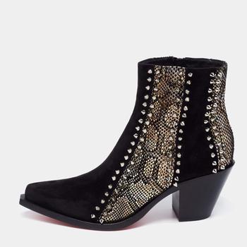 推荐Christian Louboutin Black Suede And Snake Print Leather Ankle Boots Size 36商品