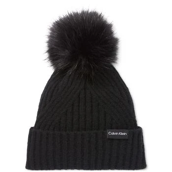 Calvin Klein | Women's Ribbed Furry Pom Pom Hat 5.6折, 独家减免邮费