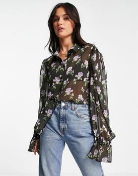ASOS | ASOS DESIGN volume sleeved shirt with frill cuffs in purple floral print商品图片,4.1折