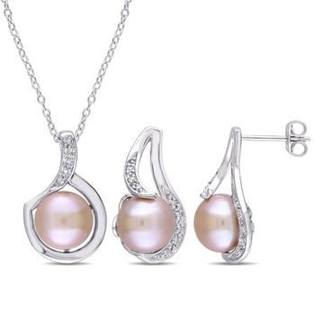 商品2-piece Set Of 9 - 9.5 Mm Pink Cultured Freshwater Pearl and 1/10 CT TW Diamond Halo Earrings and Pendant with Chain In Sterling Silver图片