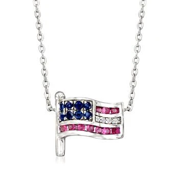 Ross-Simons Sapphire and . Ruby American Flag Necklace With Diamond Accents in Sterling Silver. 18 inches