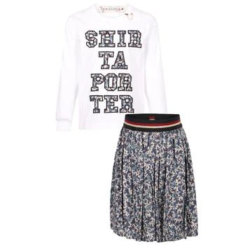 推荐Floral logo patches long sleeved t shirt and flare skirt in white and blue商品