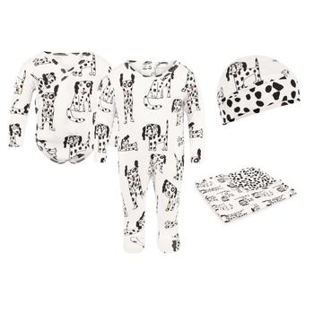 推荐Dalmatians print bodysuit onesie baby cap and blanket set in white and black商品