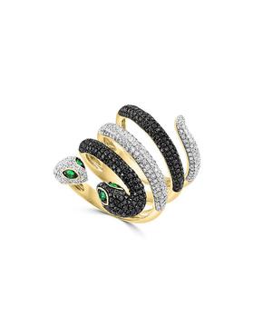 商品Tsavorite, Black & White Diamond Snake Ring in 14K Yellow Gold图片