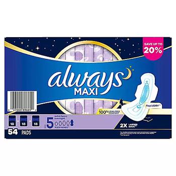 商品Always | Always Maxi Extra Heavy Overnight Pads, Unscented - Size 5 (54 ct.),商家Sam's Club,价格¥101图片