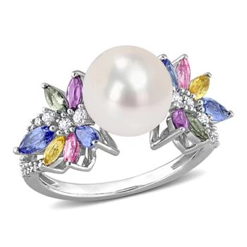 Mimi & Max | 9-9.5 MM Cultured Freshwater Pearl and 1 3/4 CT TGW Multi Sapphire (Light Blue, White, Yellow, Pink, Purple & Green) and 1/8 CT TW Diamond Flower Ring in 14k White Gold,商家Premium Outlets,价格¥6078