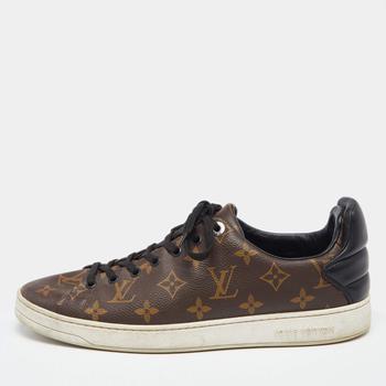 lv鞋, [二手商品] Louis Vuitton | Louis Vuitton Brown/Black Monogram Canvas and Patent Leather Frontrow Low-Top Sneakers Size 41商品图片 5.9折