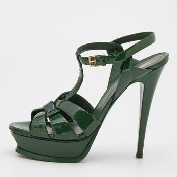 Yves Saint Laurent | Yves Saint Laurent Green Patent Leather Tribute Platform Sandals Size 40商品图片,5.3折