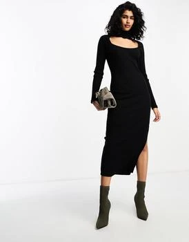 ASOS | ASOS DESIGN supersoft rib long sleeve fitted midi dress with choker detail in black 4折