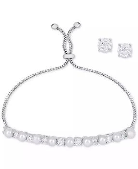 Macy's | Imitation Pearl Slider Bracelet & Cubic Zirconia Stud Earrings Set In Silver-Plate, June Birthstone,商家Macy's,价格¥225