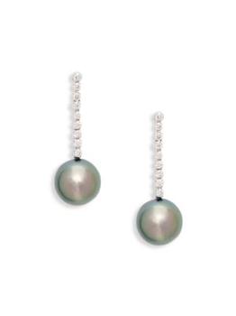 BELPEARL | 14K White Gold, Diamond & 10mm Black Tahitian Pearl Drop Earrings商品图片,5折