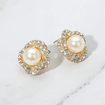 FASHNZFAB | Rhinestone Rim Pearl Stud Earrings - Cream, Gold,商家Premium Outlets,价格¥142