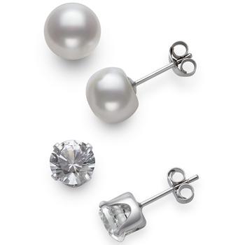 商品Macy's | 2-Pc. Set Cultured Freshwater Pearl (7mm) & Lab-Created White Sapphire  (9mm) Stud Earrings in Sterling Silver,商家Macy's,价格¥94图片