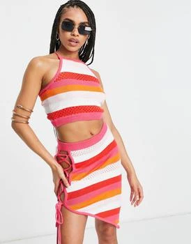 推荐ASYOU cross back knitted crop top co-ord in stripe商品