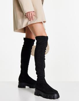 推荐Truffle Collection chunky pull on over the knee boots in black商品
