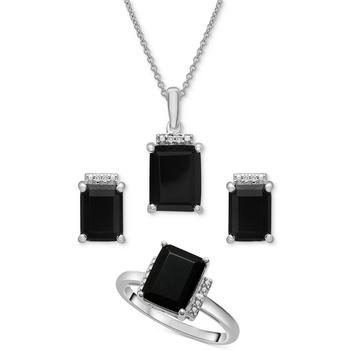 商品Macy's | 3-Pc. Set Onyx & Diamond Accent Pendant Necklace, Ring and Stud Earrings in Sterling Silver,商家Macy's,价格¥2009图片